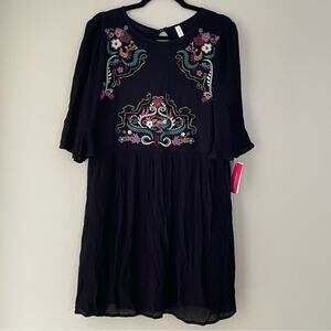 Gauzy Embroidered 3/4 Bell Sleeve Mini Dress Festival Boho Hippie 70s Black S